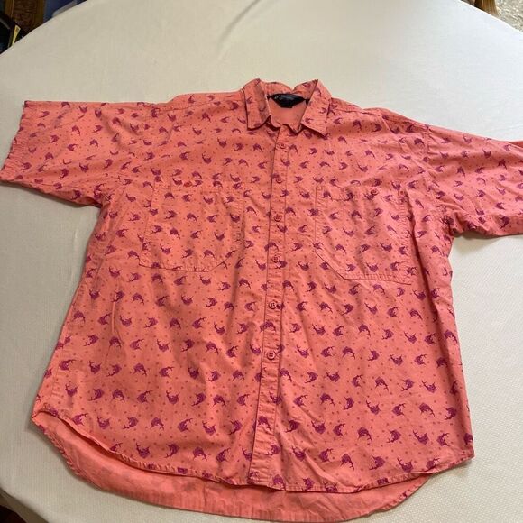 Columbia Vintage Coral Pink Fish Marlin Button Up Short Sleeve Shirt Size Large - Picture 1 of 6